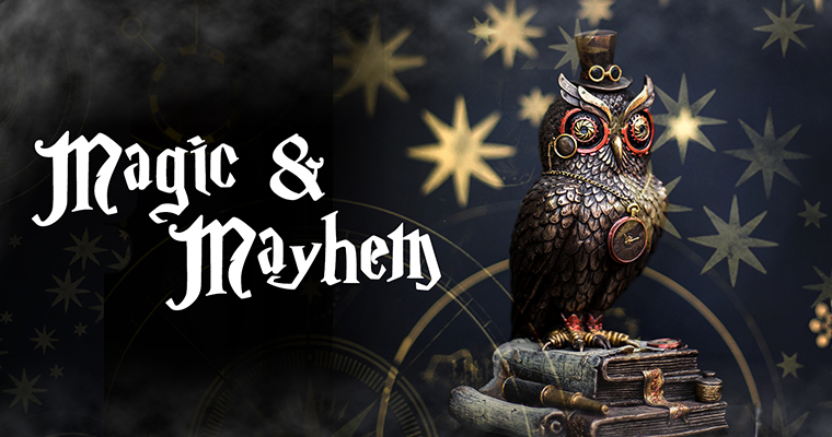 An image of an owl clock for the Magic and Mayhem Banner Halloween 2017