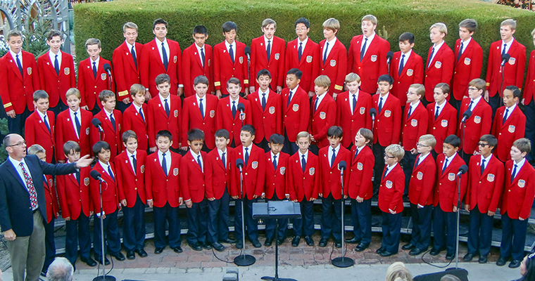 An image of the All-American Boys Choir performing at Roger's Gardens