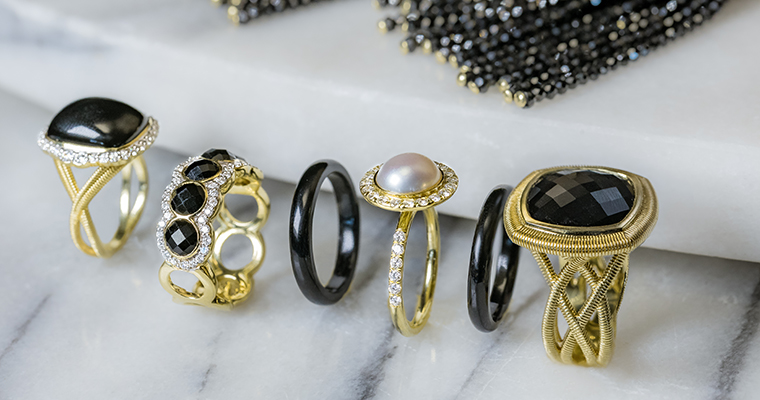 An image of black stone/jeweled, pearl, diamond rings for the Gadbois Trunk Show
