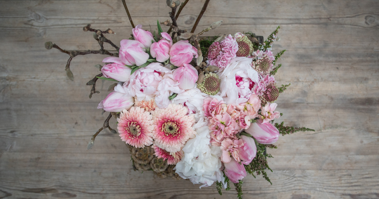 An image of white and pink various flower floral heart arrangement workshop