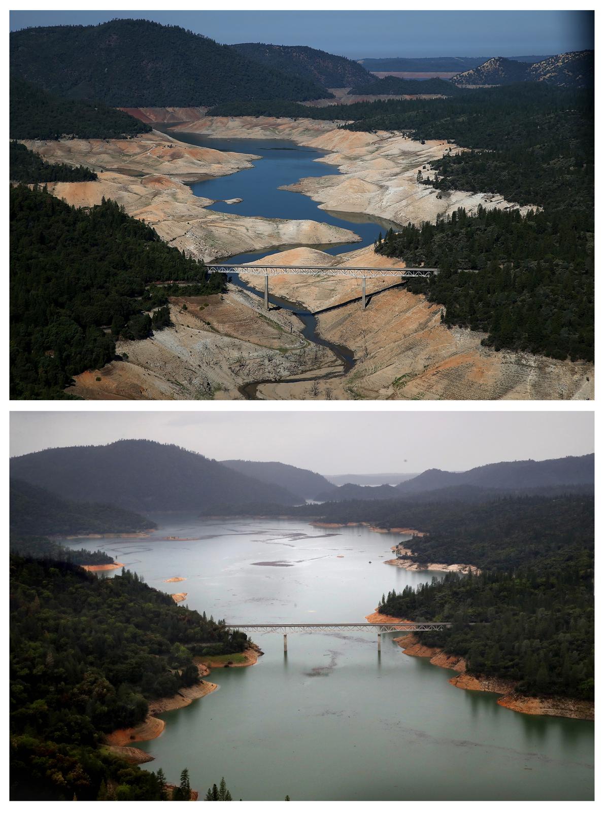 Two images top photo one showing a river in a drought bottom photo showing the area around the river has grown up and the water in the river is higher